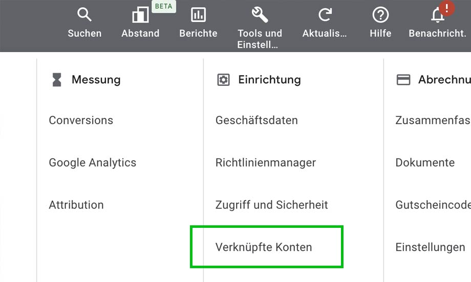 Google Ads Tools und Einstellungen mit verknüpften Merchant-Center-Konten und sichtbaren IDs