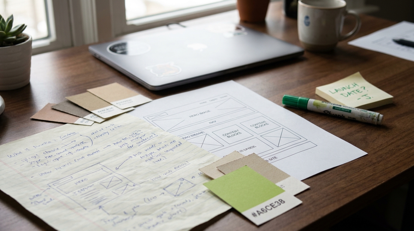 Website-Briefing mit Wireframe-Skizze, Farbmustern und Notizen auf einem Schreibtisch