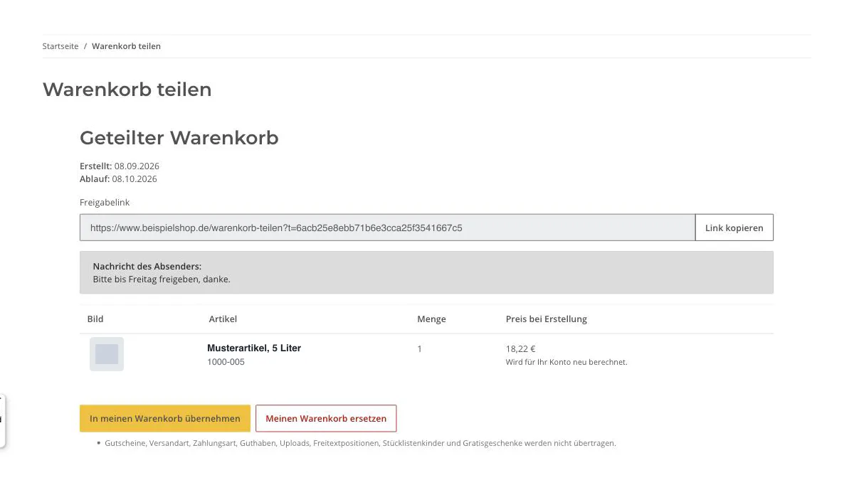 Ansicht des geteilten Warenkorbs beim Empfänger mit Notiz, Positionen und zwei Schaltflächen